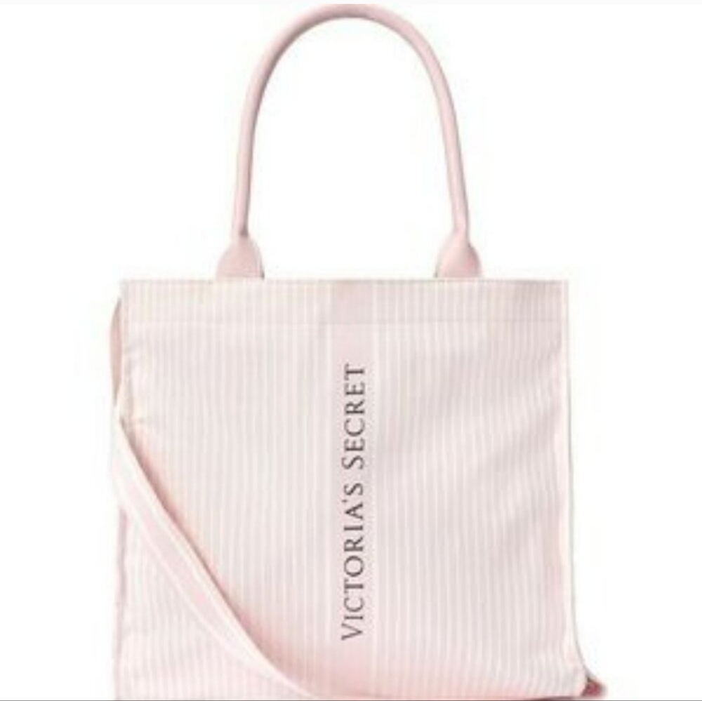 Victoria's Secret Light Pink Striped Tote Bag With Button Closure.